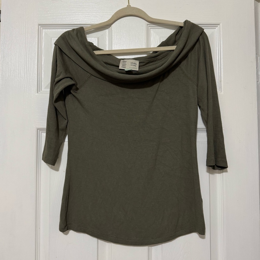 Anthropologie Off Shoulder Green Ribbed Top Size Medium